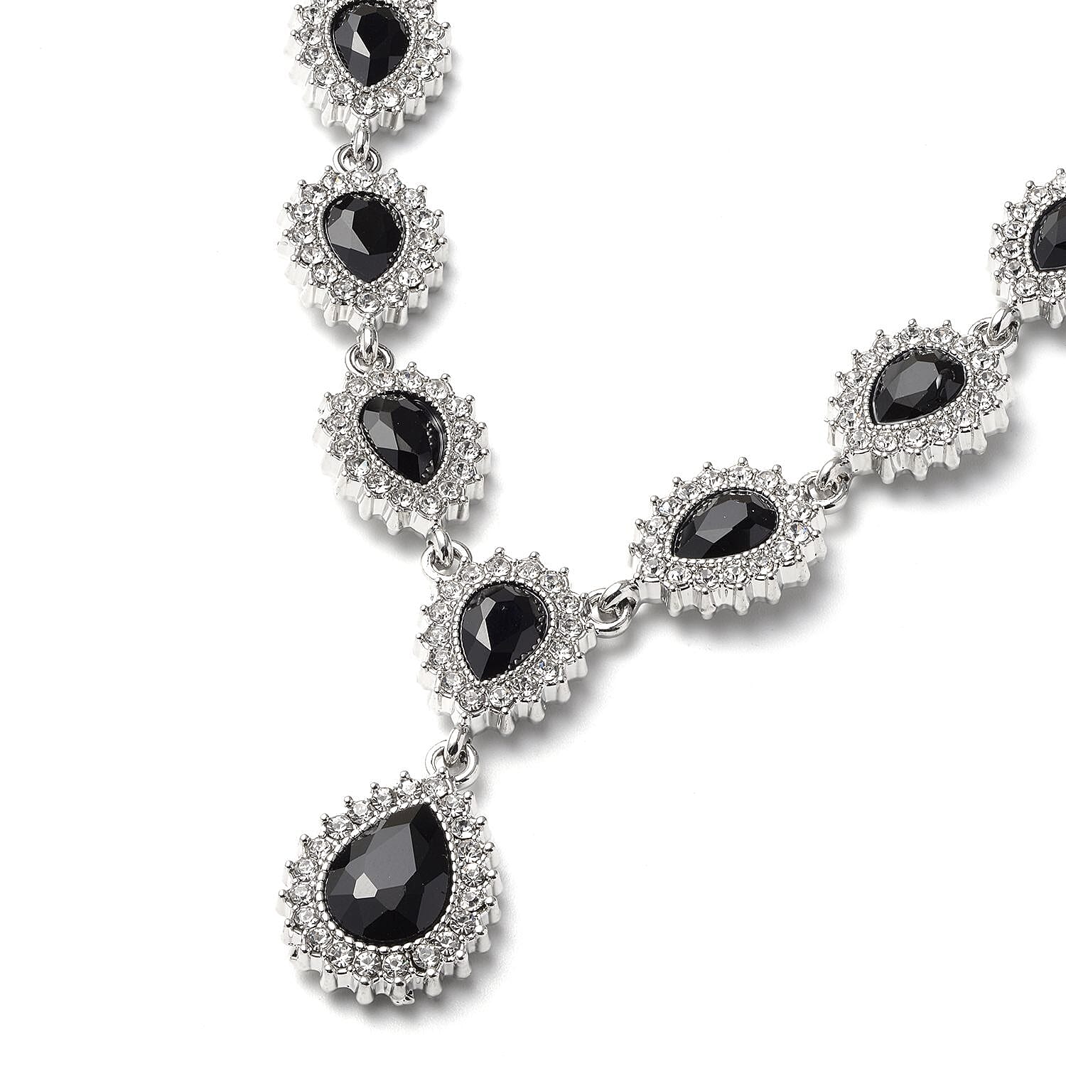 Black Glass, Austrian Crystal Bracelet (6.50-8.50Inch) Earrings and Necklace 20-22 Inches in Silvertone