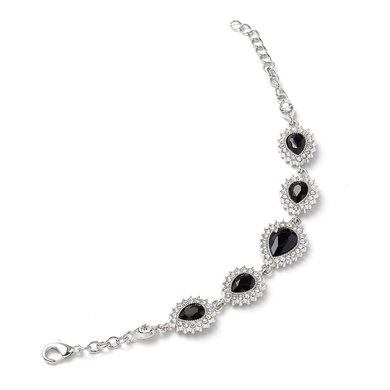 Black Glass, Austrian Crystal Bracelet (6.50-8.50Inch) Earrings and Necklace 20-22 Inches in Silvertone