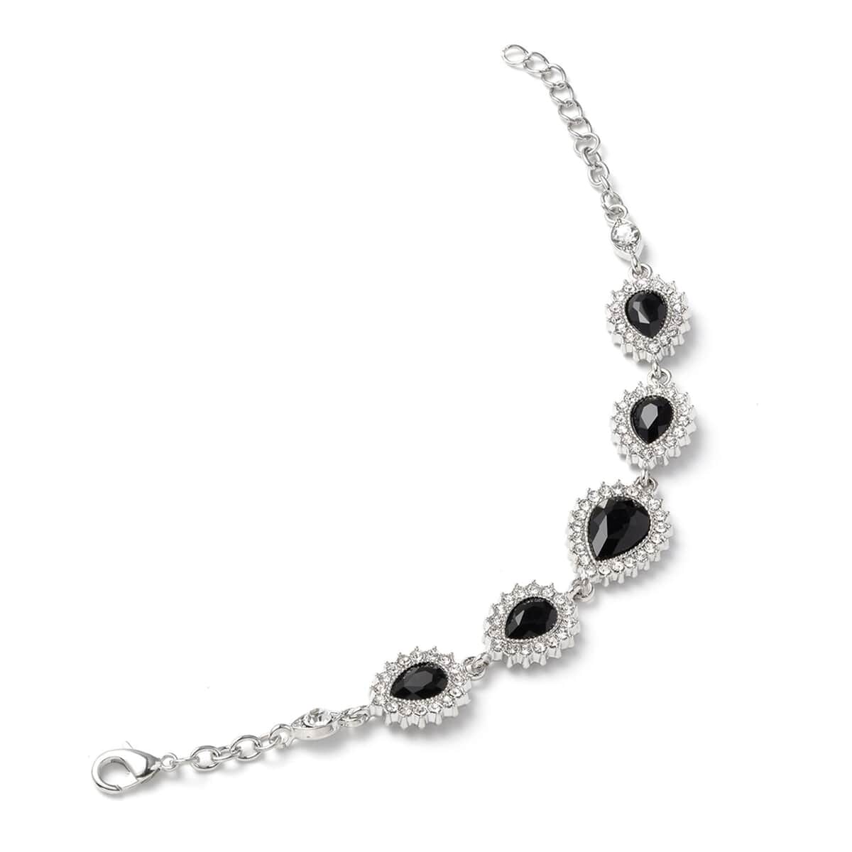 Black Glass, Austrian Crystal Bracelet (6.50-8.50Inch) Earrings and Necklace 20-22 Inches in Silvertone image number 4