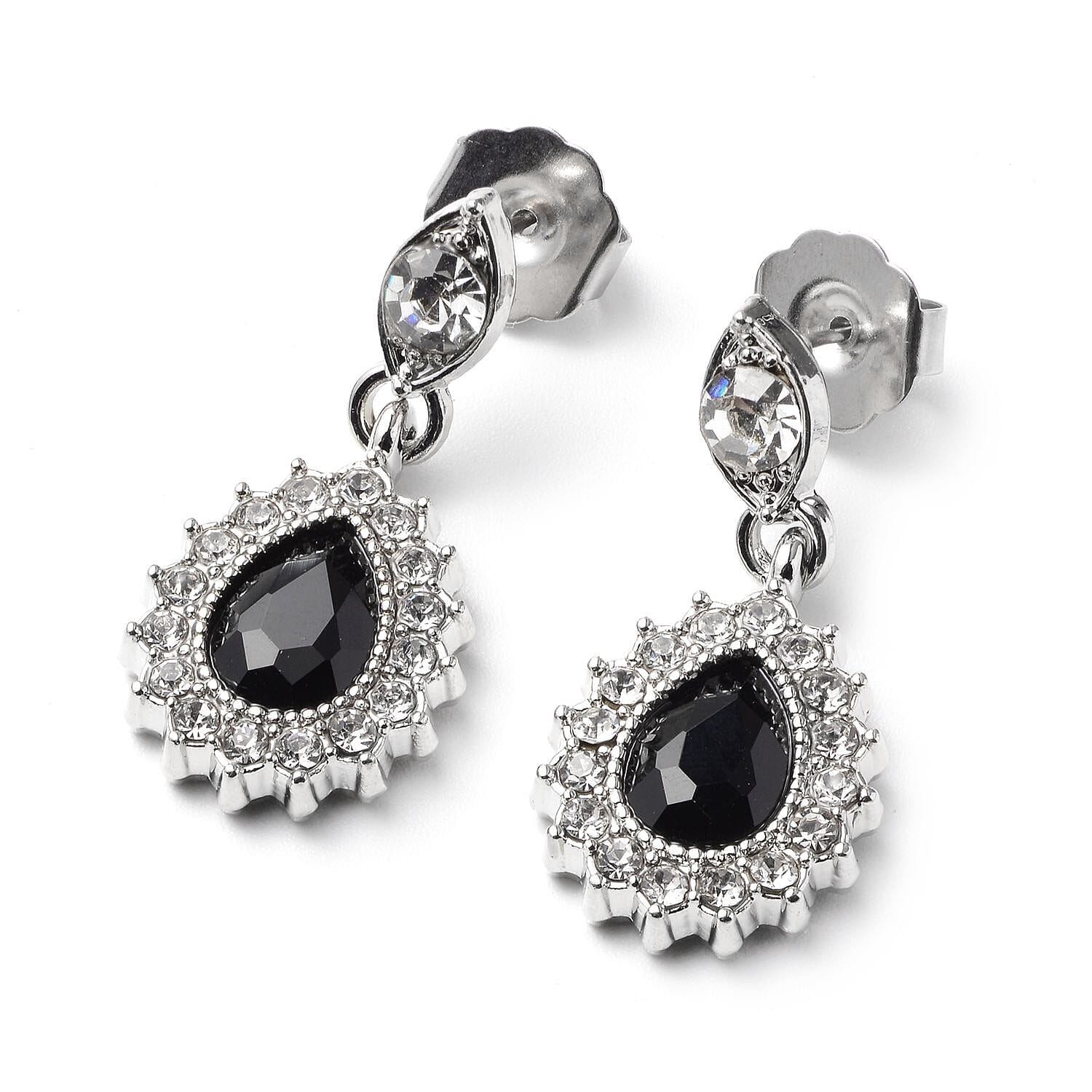 Black Glass, Austrian Crystal Bracelet (6.50-8.50Inch) Earrings and Necklace 20-22 Inches in Silvertone