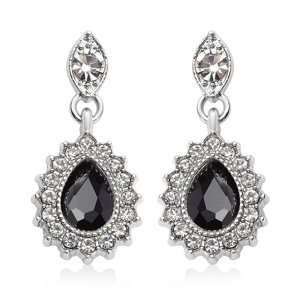 Black Glass, Austrian Crystal Bracelet (6.50-8.50Inch) Earrings and Necklace 20-22 Inches in Silvertone