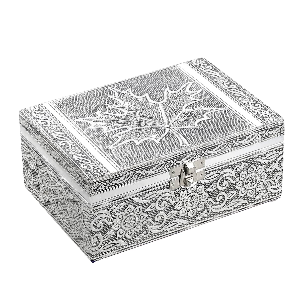 Aluminum Oxidized Maple Leaf Pattern Jewelry Box with Tray (7x5 in) image number 0
