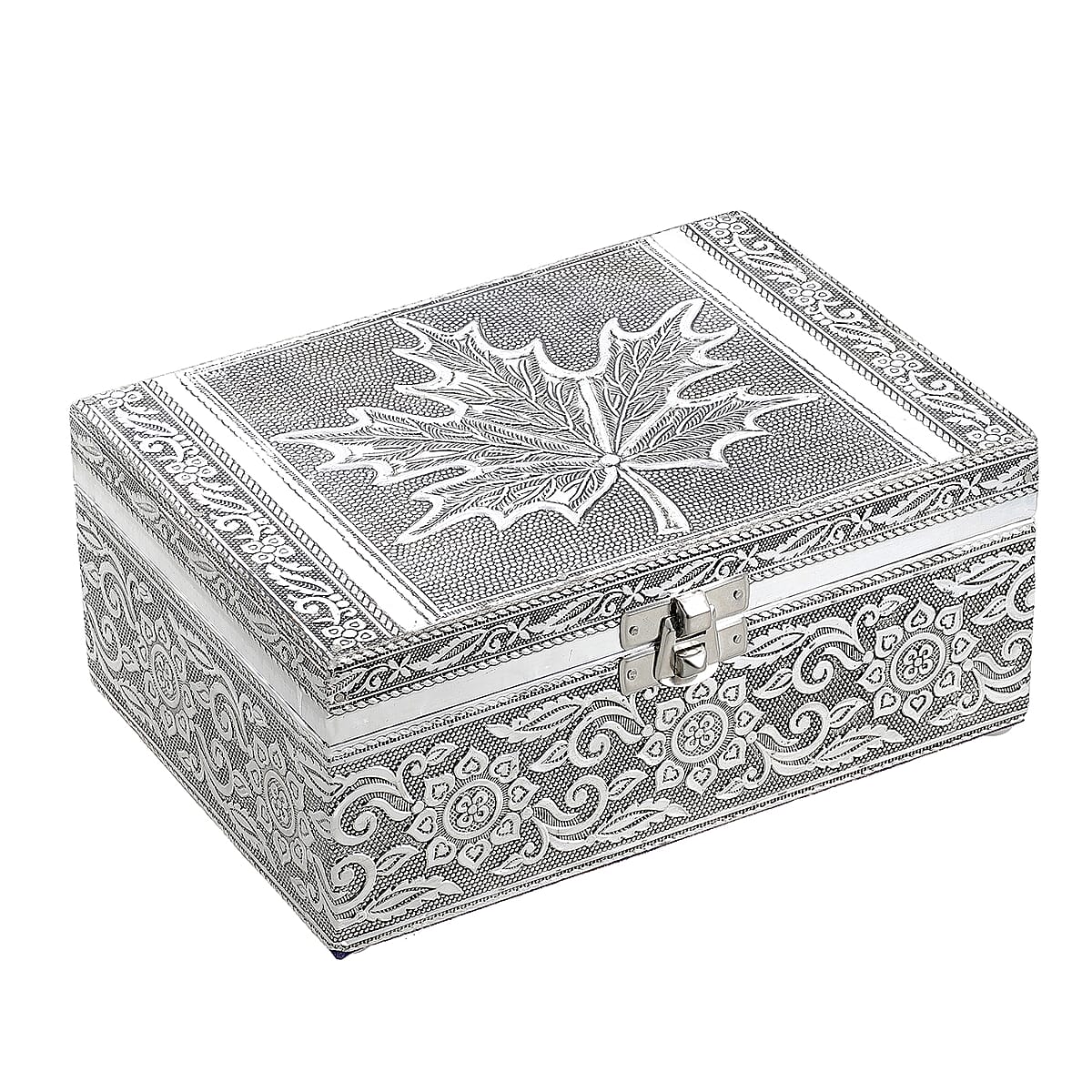 Aluminum Oxidized Maple Leaf Pattern Jewelry Box with Tray (7x5 in) image number 0