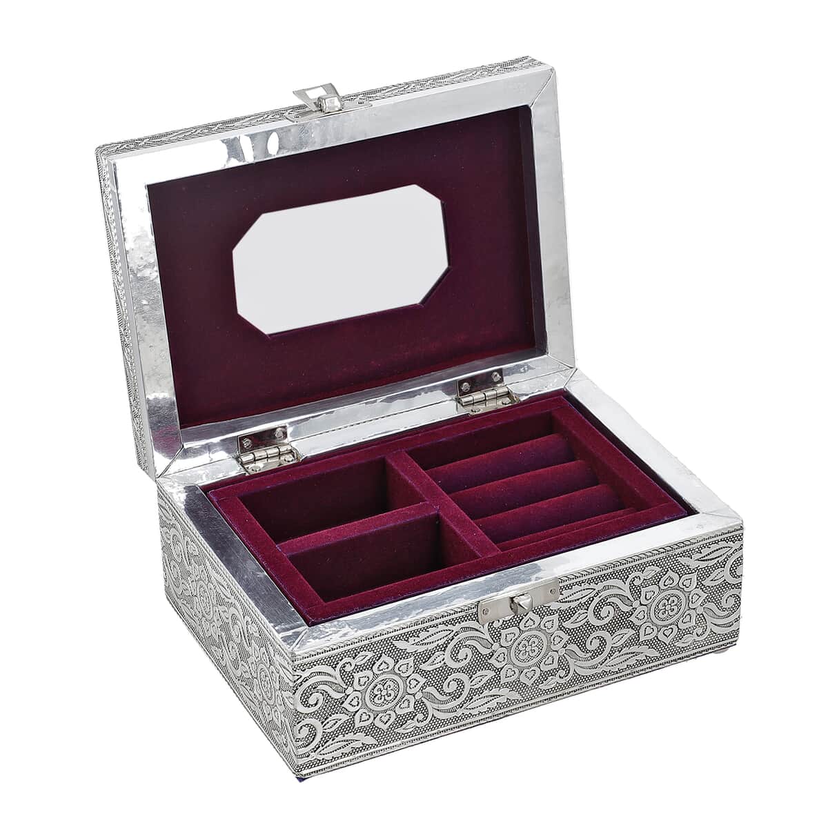 Aluminum Oxidized Maple Leaf Pattern Jewelry Box with Tray (7x5 in) image number 2