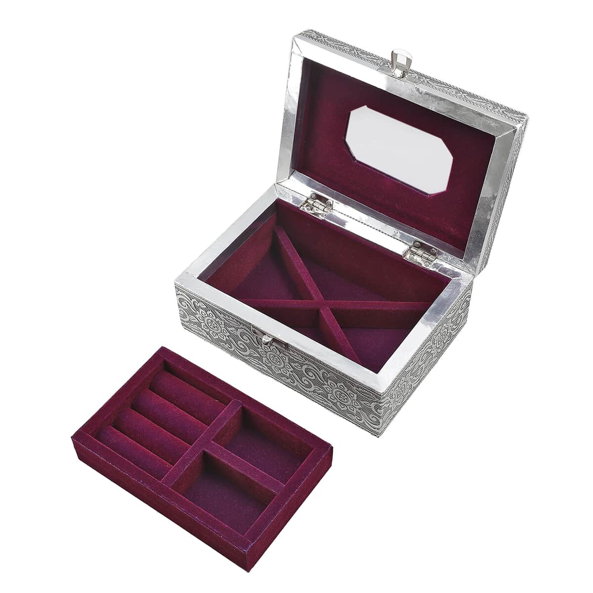 Aluminum Oxidized Maple Leaf Pattern Jewelry Box with Tray (7x5 in) image number 3
