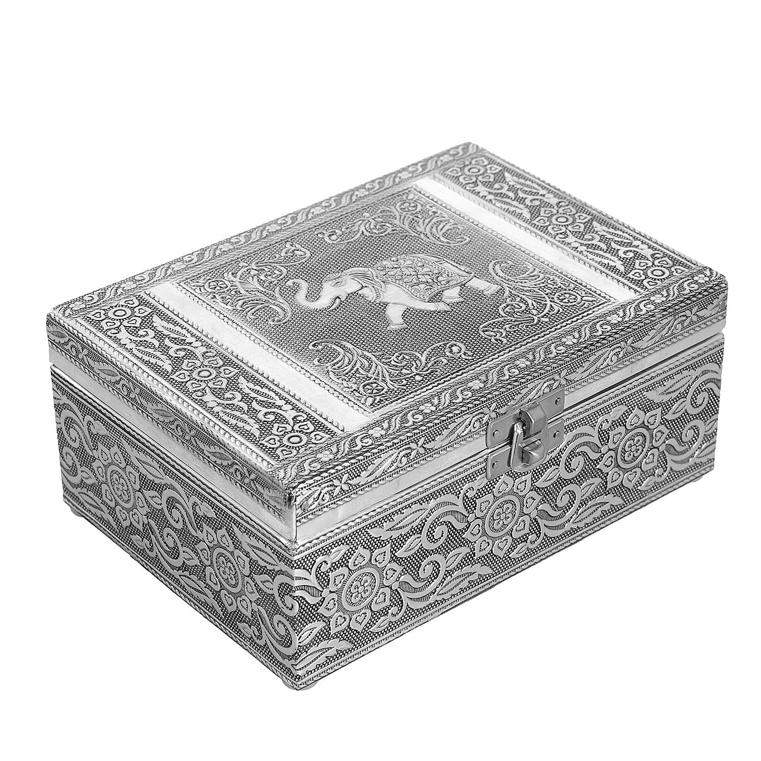 Aluminum Oxidized Elephant Pattern Jewelry Box with Tray