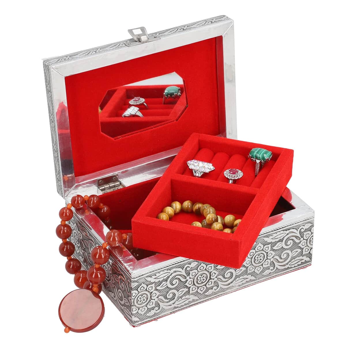 Aluminum Oxidized Elephant Pattern Jewelry Box with Tray image number 1