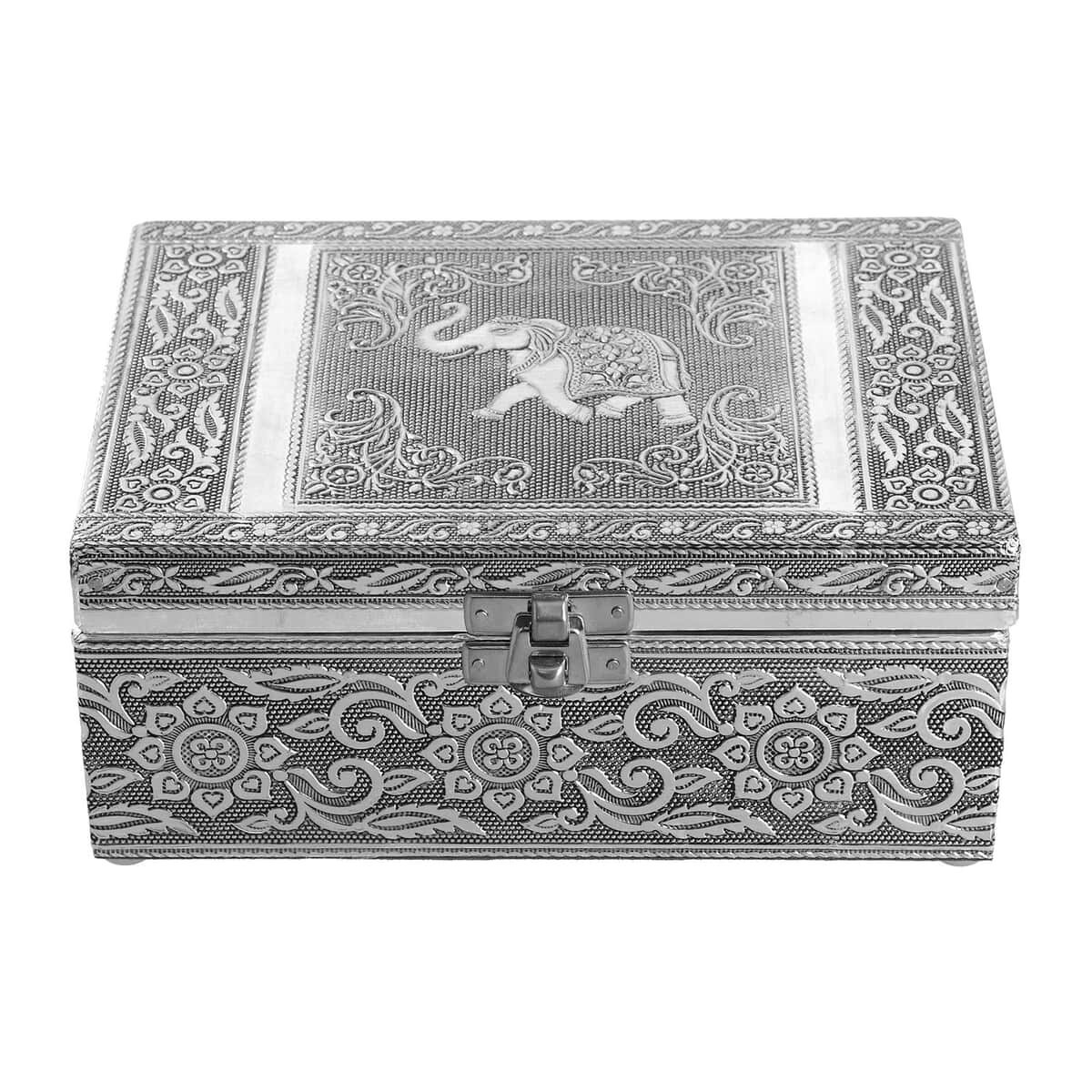 Aluminum Oxidized Elephant Pattern Jewelry Box with Tray image number 2