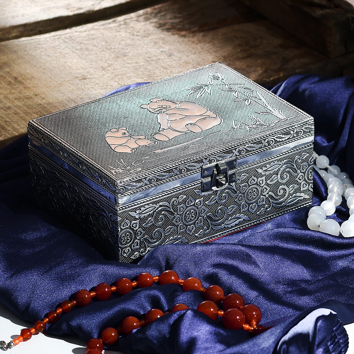 Aluminum Oxidized Panda Pattern Jewelry Box with Tray image number 1