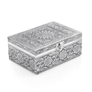 Aluminum Oxidized Flower & Leaf Pattern Jewelry Box with Tray