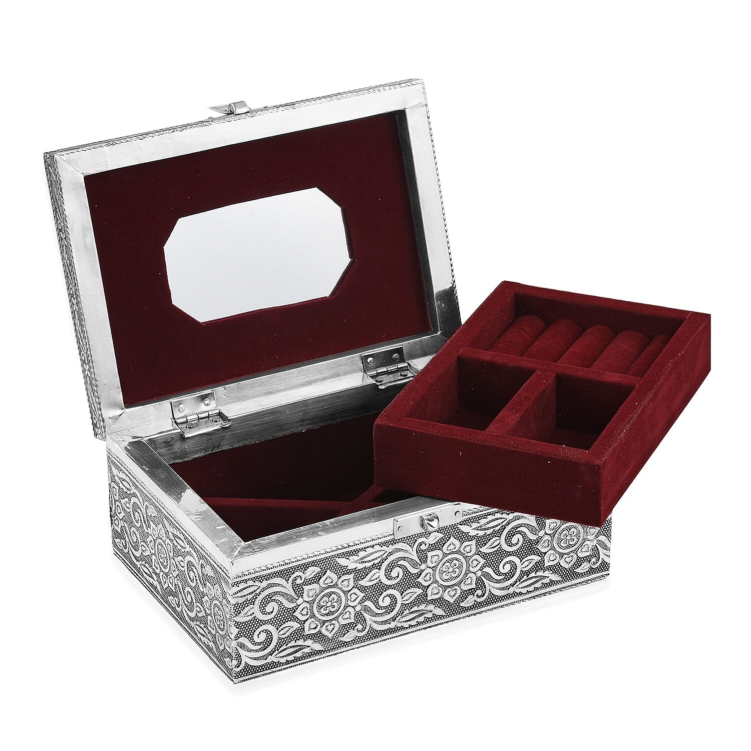 Aluminum Oxidized Flower & Leaf Pattern Jewelry Box with Tray