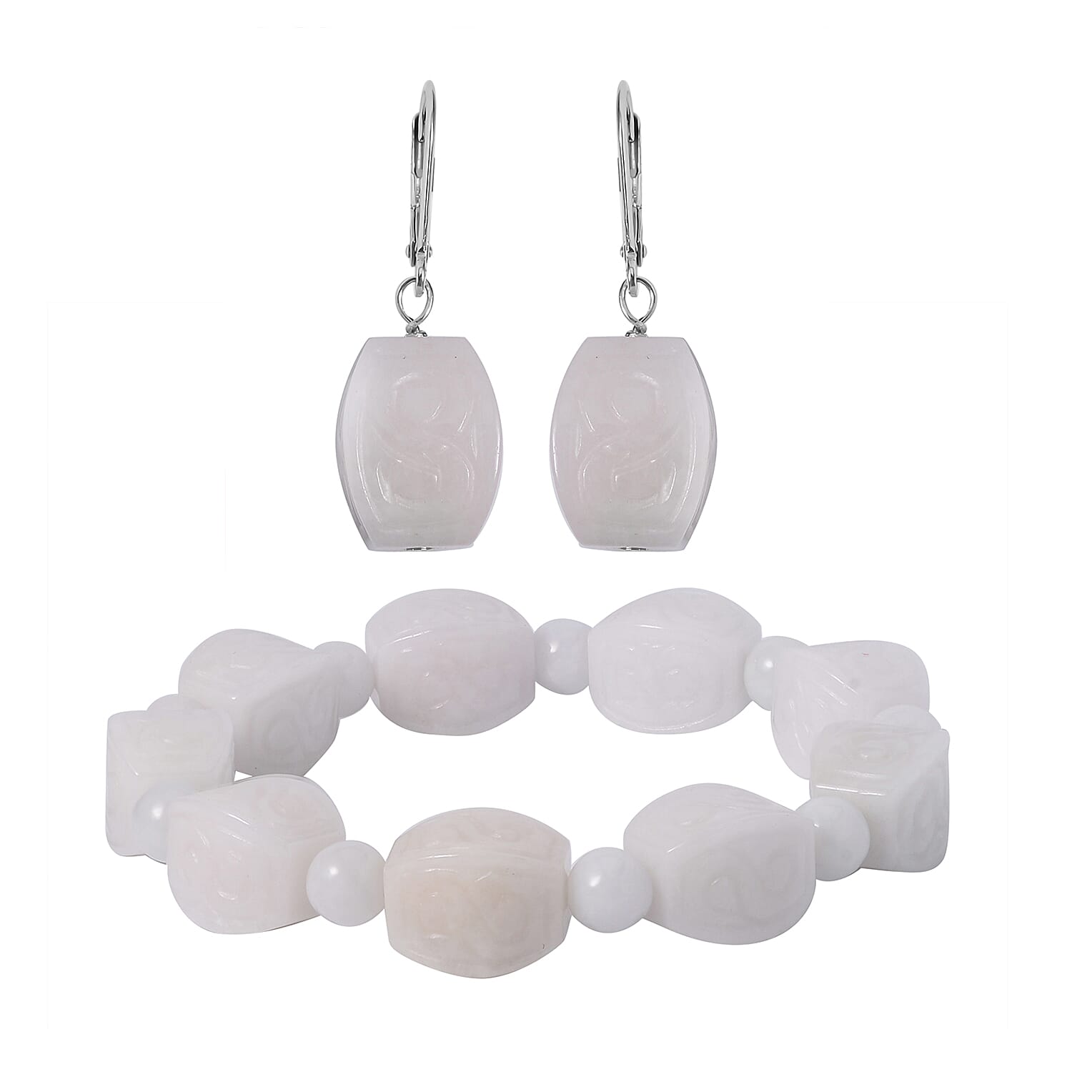 Natural Jade Carved Scroll Stretch Bracelet and Dangle Earrings in Sterling Silver 214.00 ctw