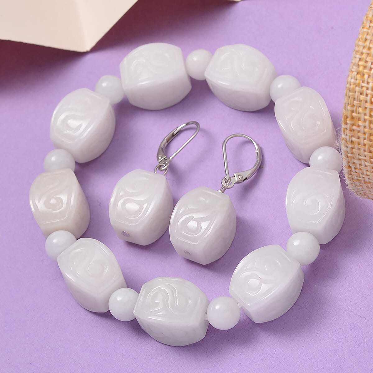 Natural Jade Carved Scroll Stretch Bracelet and Dangle Earrings in Sterling Silver 214.00 ctw image number 1