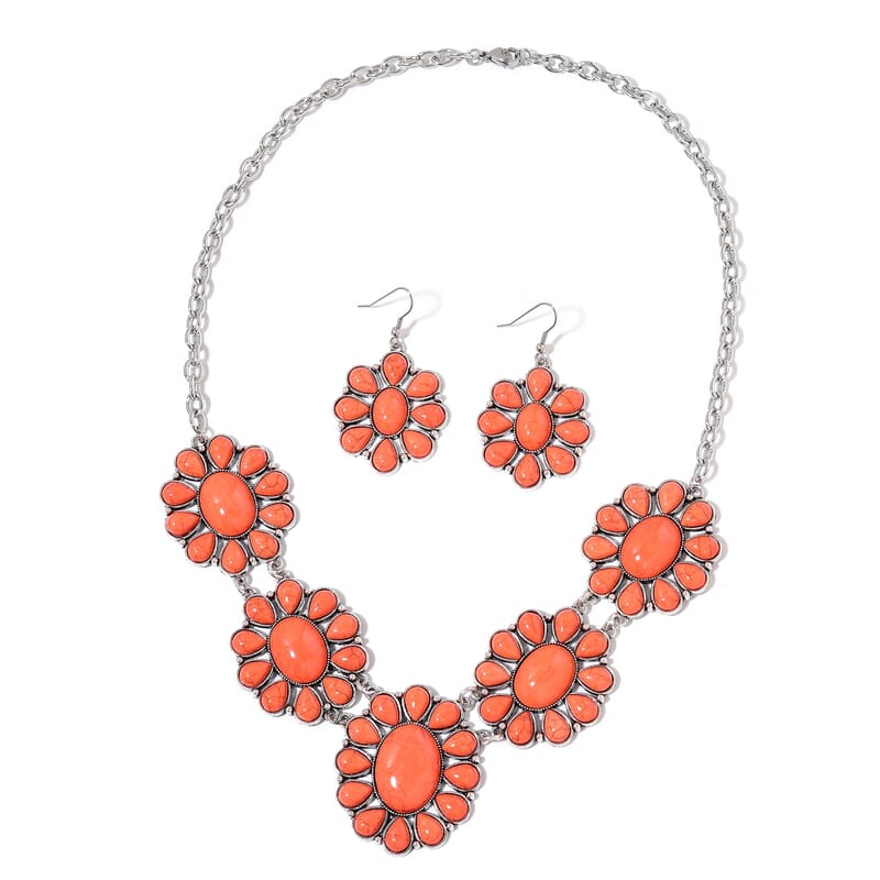 Constituted Orange Howlite Earrings and BIB Necklace 22 Inches in Black Oxidized Silvertone and Stainless Steel 250.00 ctw