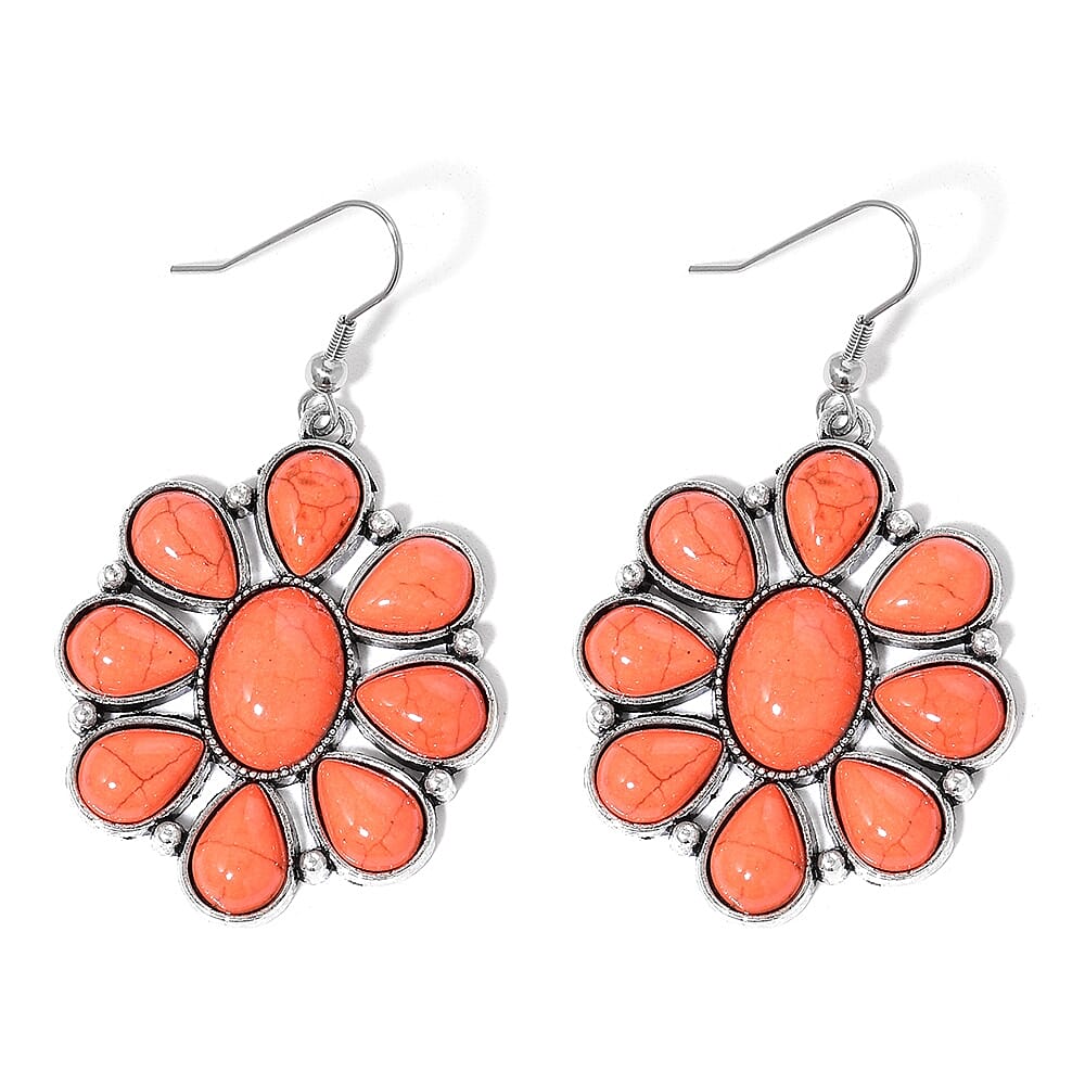 Constituted Orange Howlite Earrings and BIB Necklace 22 Inches in Black Oxidized Silvertone and Stainless Steel 250.00 ctw