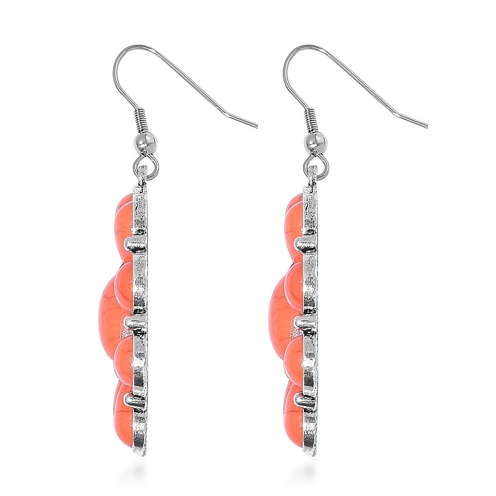 Constituted Orange Howlite Earrings and BIB Necklace 22 Inches in Black Oxidized Silvertone and Stainless Steel 250.00 ctw