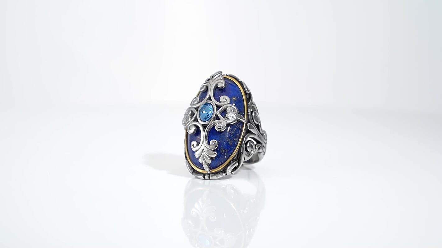 Lapis Lazuli and Blue Austrian Crystal Ring in Black Oxidized, ION Plated Yellow Gold and Stainless Steel 35.00 ctw