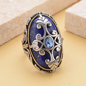 Lapis Lazuli and Blue Austrian Crystal 35.00 ctw Ring in Black Oxidized, ION Plated Yellow Gold and Stainless Steel (Size 6.0)