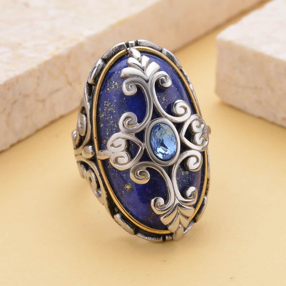 Lapis Lazuli and Blue Austrian Crystal Ring in Black Oxidized, ION Plated Yellow Gold and Stainless Steel 35.00 ctw image number 1