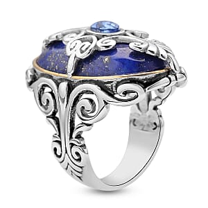 Lapis Lazuli and Blue Austrian Crystal 35.00 ctw Ring in Black Oxidized, ION Plated Yellow Gold and Stainless Steel (Size 6.0)