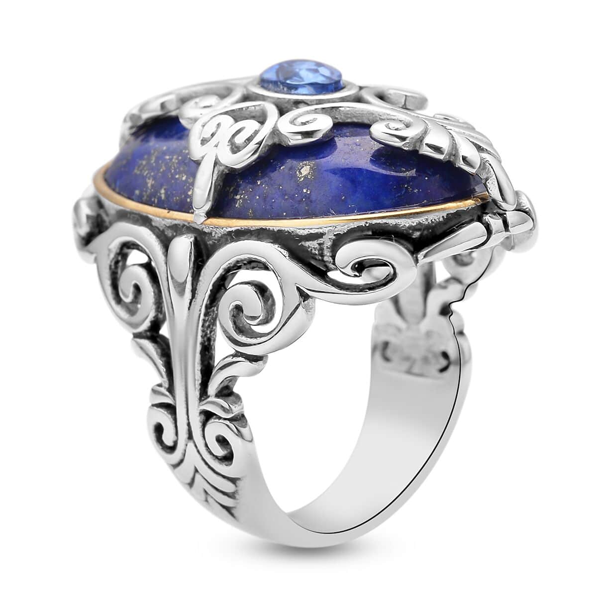 Lapis Lazuli and Blue Austrian Crystal Ring in Black Oxidized, ION Plated Yellow Gold and Stainless Steel (Size 8.0) 35.00 ctw image number 3