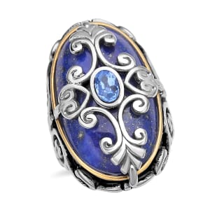 Lapis Lazuli and Blue Austrian Crystal 35.00 ctw Ring in Black Oxidized, ION Plated Yellow Gold and Stainless Steel (Size 9.0)