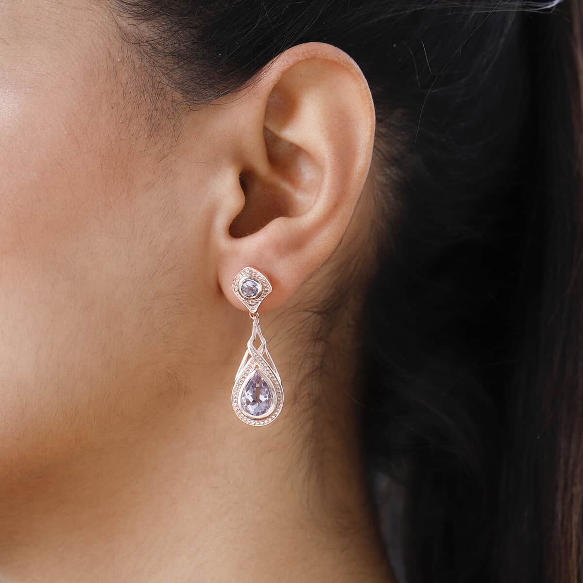 Karis Rose De France Amethyst  Earrings in 18K RG Plated, Dangle Drop Earrings, Wedding Gifts For Women 3.60 ctw image number 1