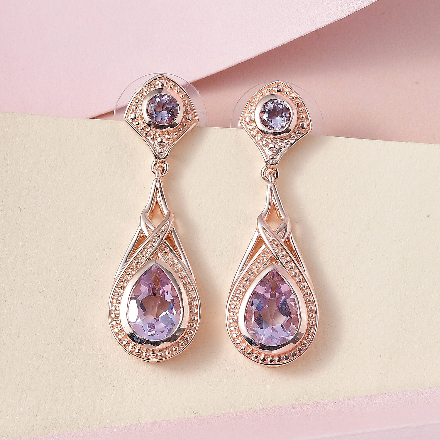 EverTrue Rose De France Amethyst  Earrings in 18K RG Plated, Dangle Drop Earrings, Wedding Gifts For Women 3.90 ctw