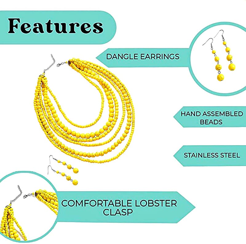 Constituted Yellow Howlite 1438.50 ctw Beaded Dangle Earrings and Multi Strand Necklace 18-20 Inches in Black Oxidized Silvertone and Stainless Steel