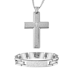 Lord's Prayer Bracelet 8.50 inch and Cross Pendant Necklace 24 Inches in Stainless Steel 77.25 Grams