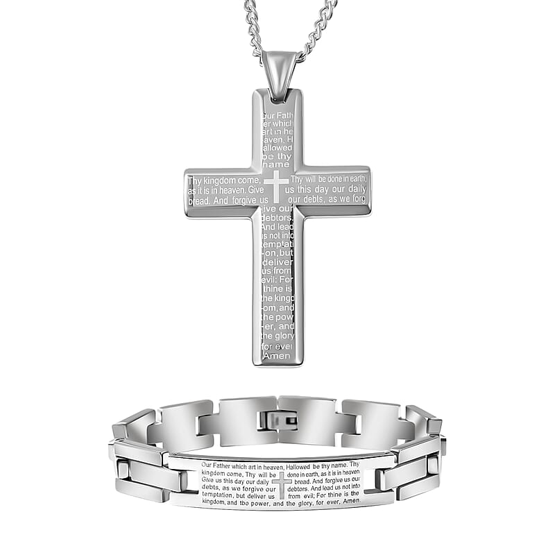 Lord's Prayer Bracelet 8.50 inch and Cross Pendant Necklace 24 Inches in Stainless Steel 77.25 Grams