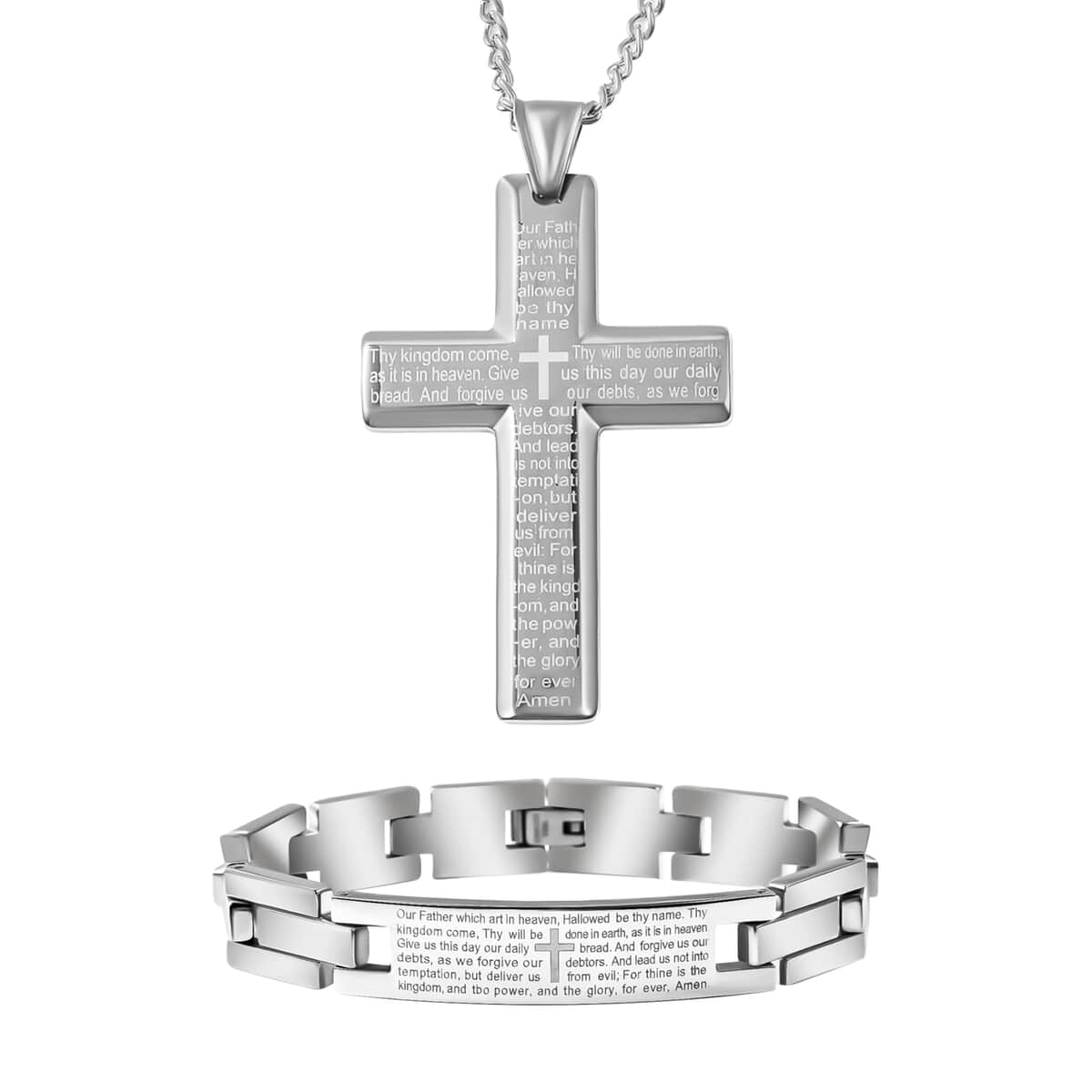 Lord's Prayer Bracelet 8.50 inch and Cross Pendant Necklace 24 Inches in Stainless Steel 77.25 Grams image number 0
