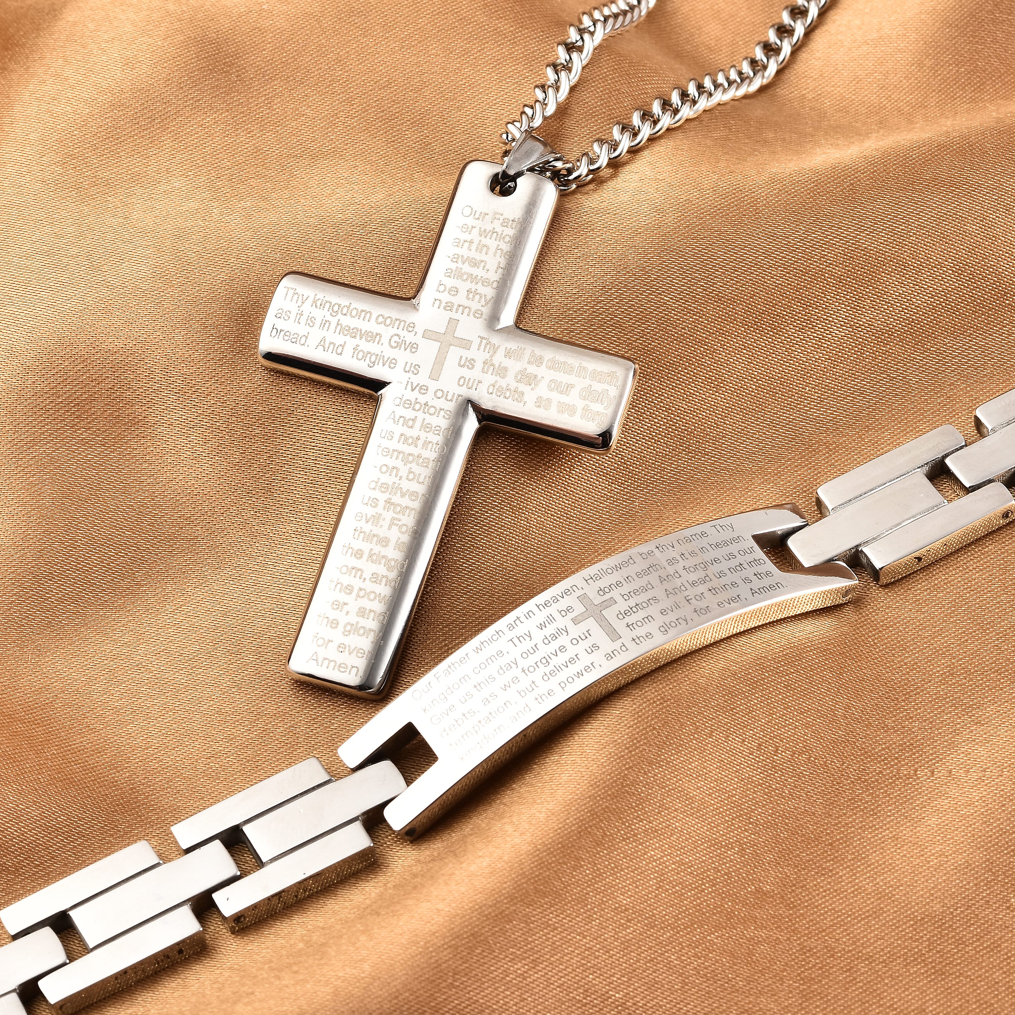 Lord's Prayer Bracelet 8.50 inch and Cross Pendant Necklace 24 Inches in Stainless Steel 77.25 Grams