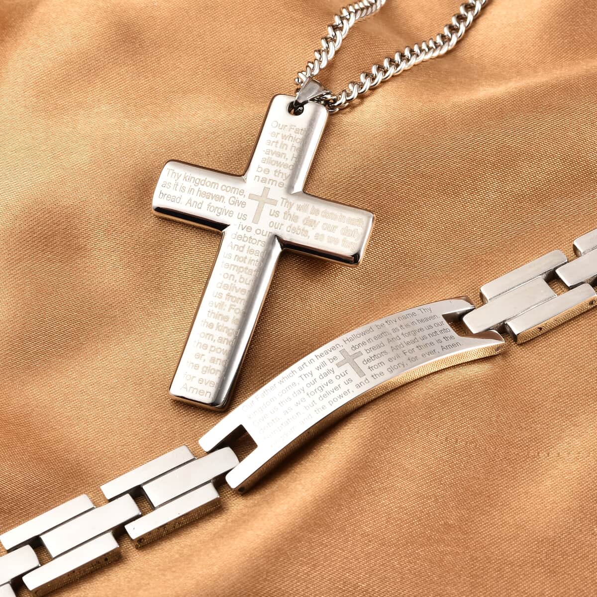 Lord's Prayer Bracelet 8.50 inch and Cross Pendant Necklace 24 Inches in Stainless Steel 77.25 Grams image number 1