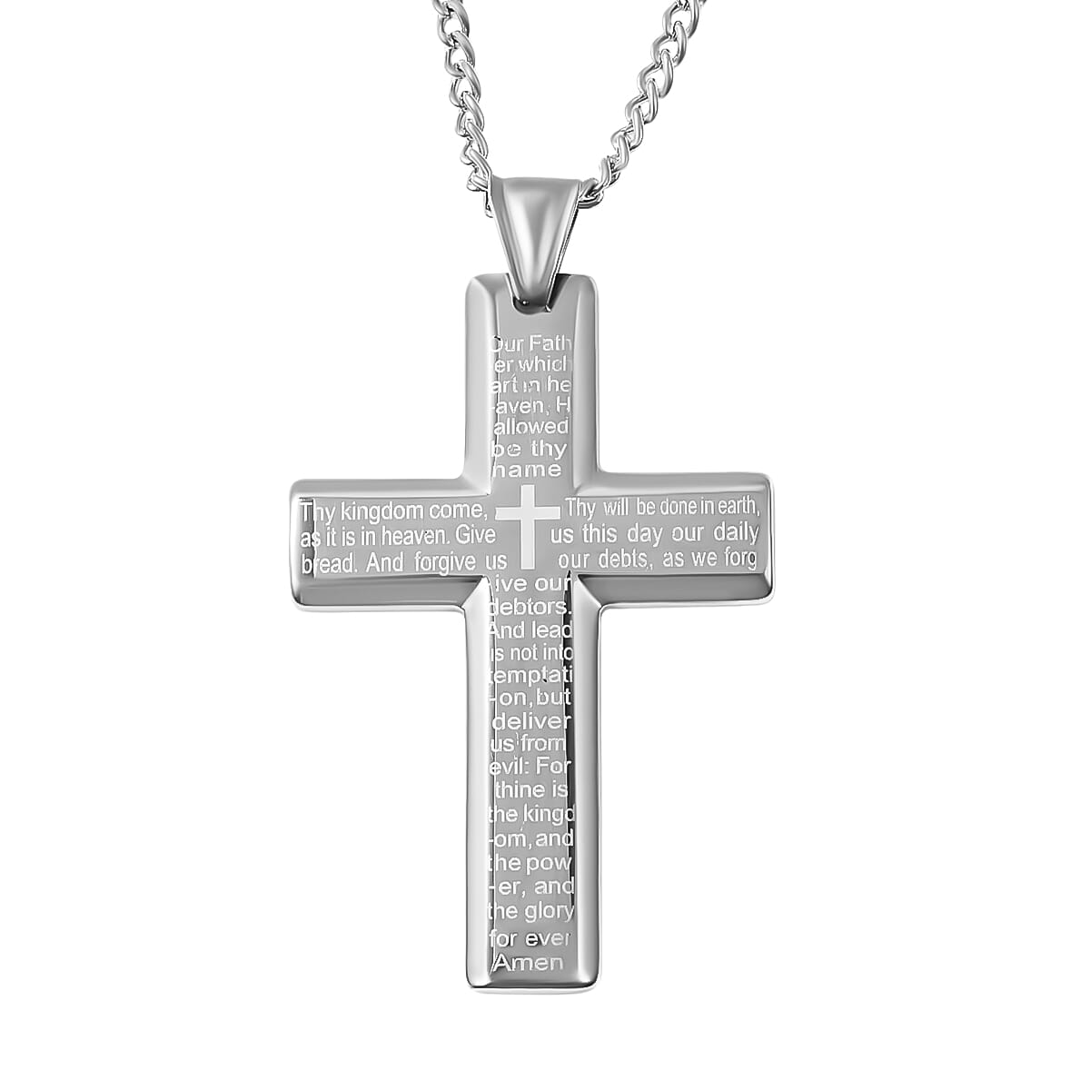 Lord's Prayer Bracelet 8.50 inch and Cross Pendant Necklace 24 Inches in Stainless Steel 77.25 Grams