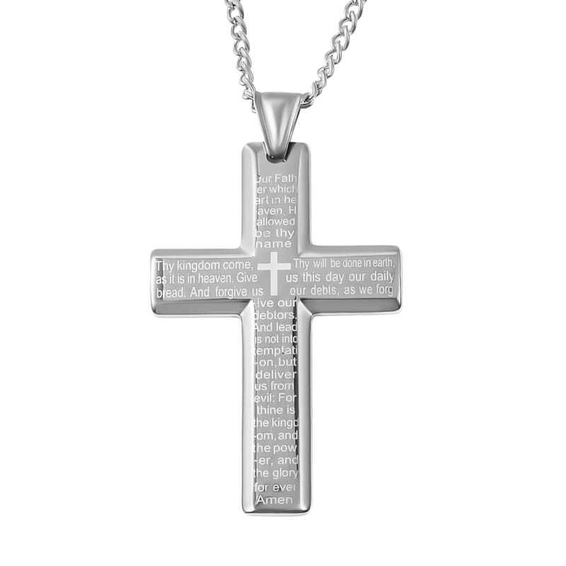 Lord's Prayer Bracelet 8.50 inch and Cross Pendant Necklace 24 Inches in Stainless Steel 77.25 Grams