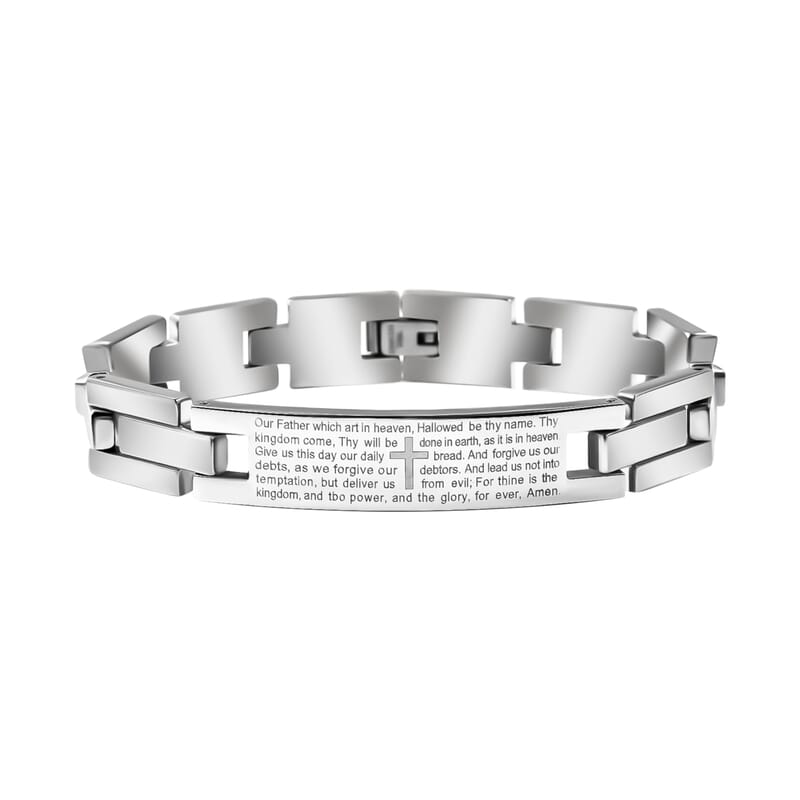 Lord's Prayer Bracelet 8.50 inch and Cross Pendant Necklace 24 Inches in Stainless Steel 77.25 Grams