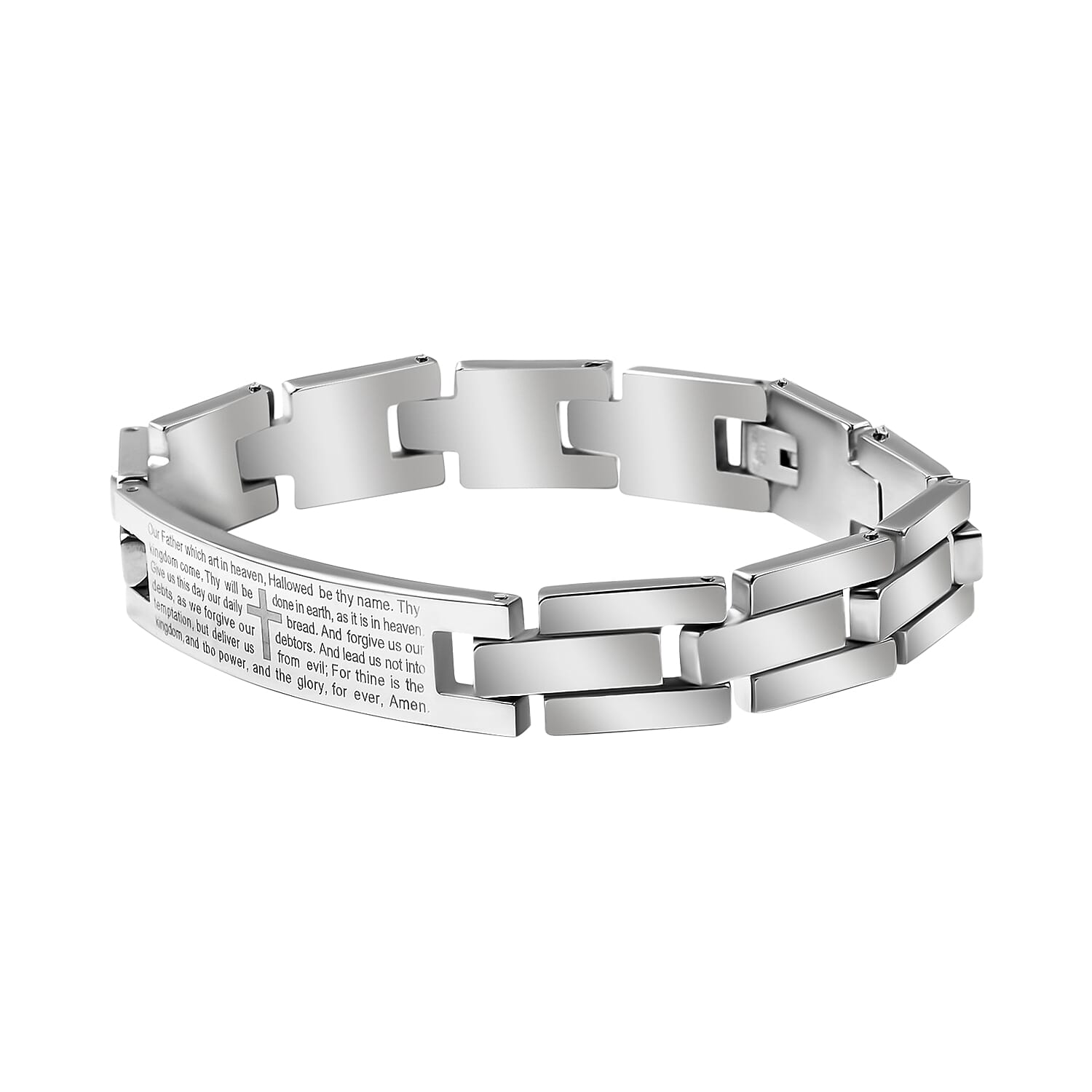 Lord's Prayer Bracelet 8.50 inch and Cross Pendant Necklace 24 Inches in Stainless Steel 77.25 Grams