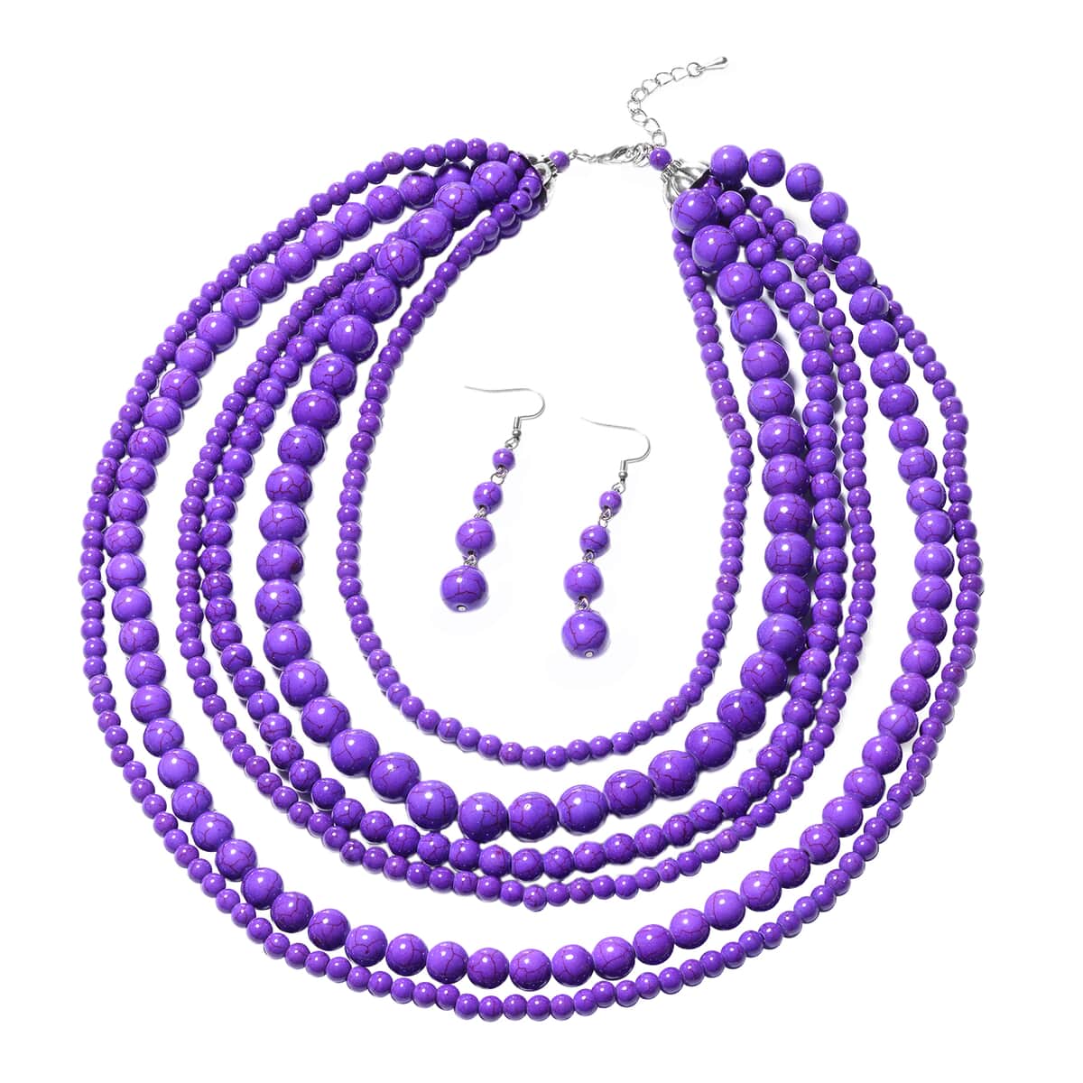 Freshened Purple Howlite Beaded Dangle Earrings and Drape Necklace 18-20 Inches in Black Oxidized Silvertone & Stainless Steel 1439.00 ctw image number 0