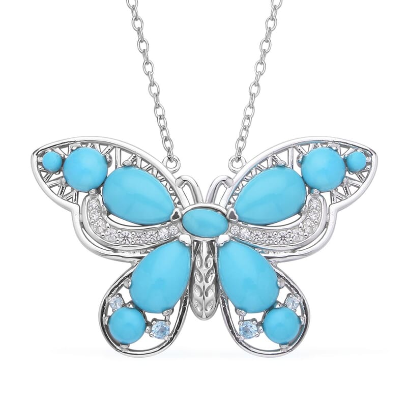 Sleeping Beauty Turquoise and Multi Gemstone Butterfly Pendant Necklace 18 Inches in Rhodium Over Sterling Silver 6.70 ctw