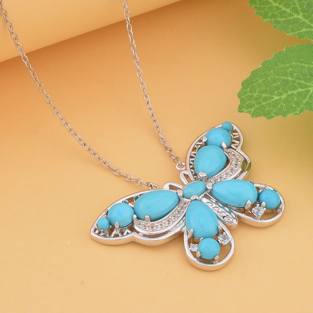 Sleeping Beauty Turquoise and Multi Gemstone Butterfly Pendant Necklace 18 Inches in Rhodium Over Sterling Silver 6.70 ctw image number 1