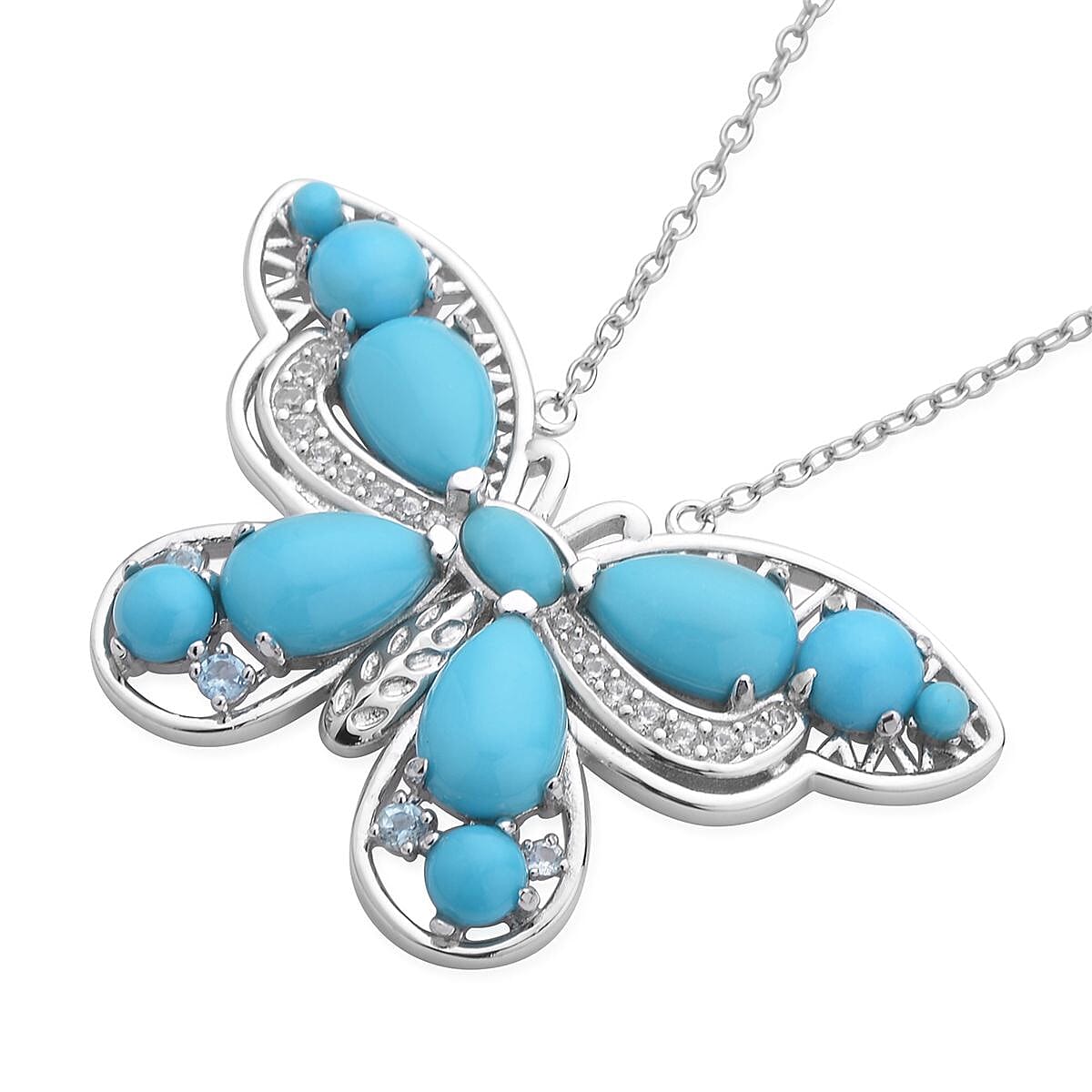 Sleeping Beauty Turquoise and Multi Gemstone Butterfly Pendant Necklace 18 Inches in Rhodium Over Sterling Silver 6.70 ctw image number 3