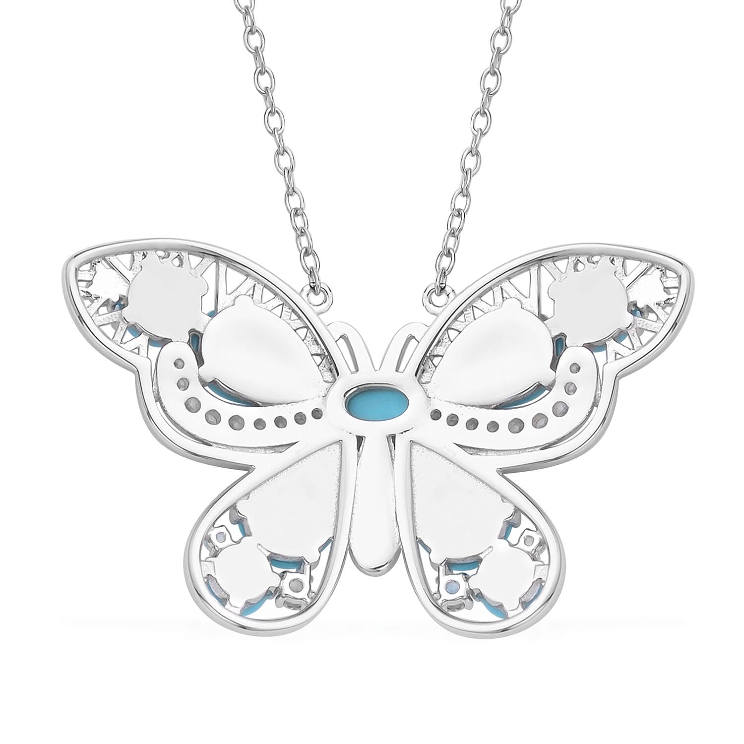 Sleeping Beauty Turquoise and Multi Gemstone Butterfly Pendant Necklace 18 Inches in Rhodium Over Sterling Silver 6.70 ctw