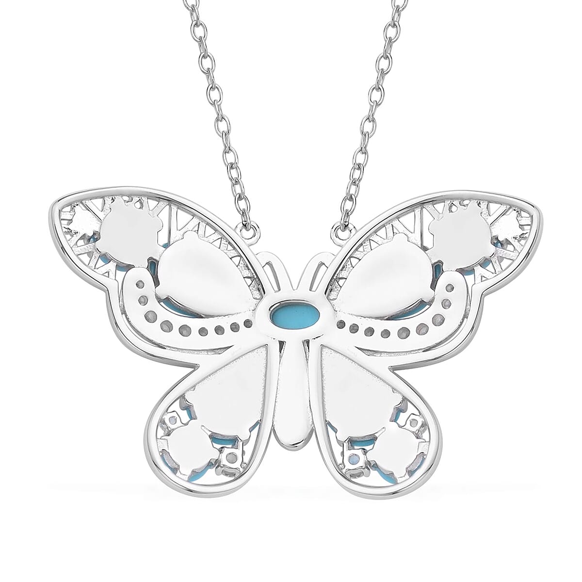 Sleeping Beauty Turquoise and Multi Gemstone Butterfly Pendant Necklace 18 Inches in Rhodium Over Sterling Silver 6.70 ctw image number 4