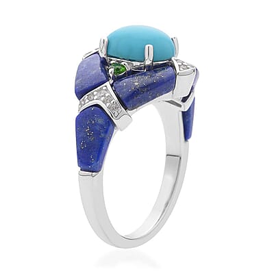 Sleeping Beauty Turquoise and Multi Gemstone Ring in Rhodium Over Sterling Silver (Size 10.0) 6.00 ctw