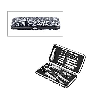 14 Piece Stainless Steel Manicure Grooming Kit in Black Leopard Print Faux Leather Case