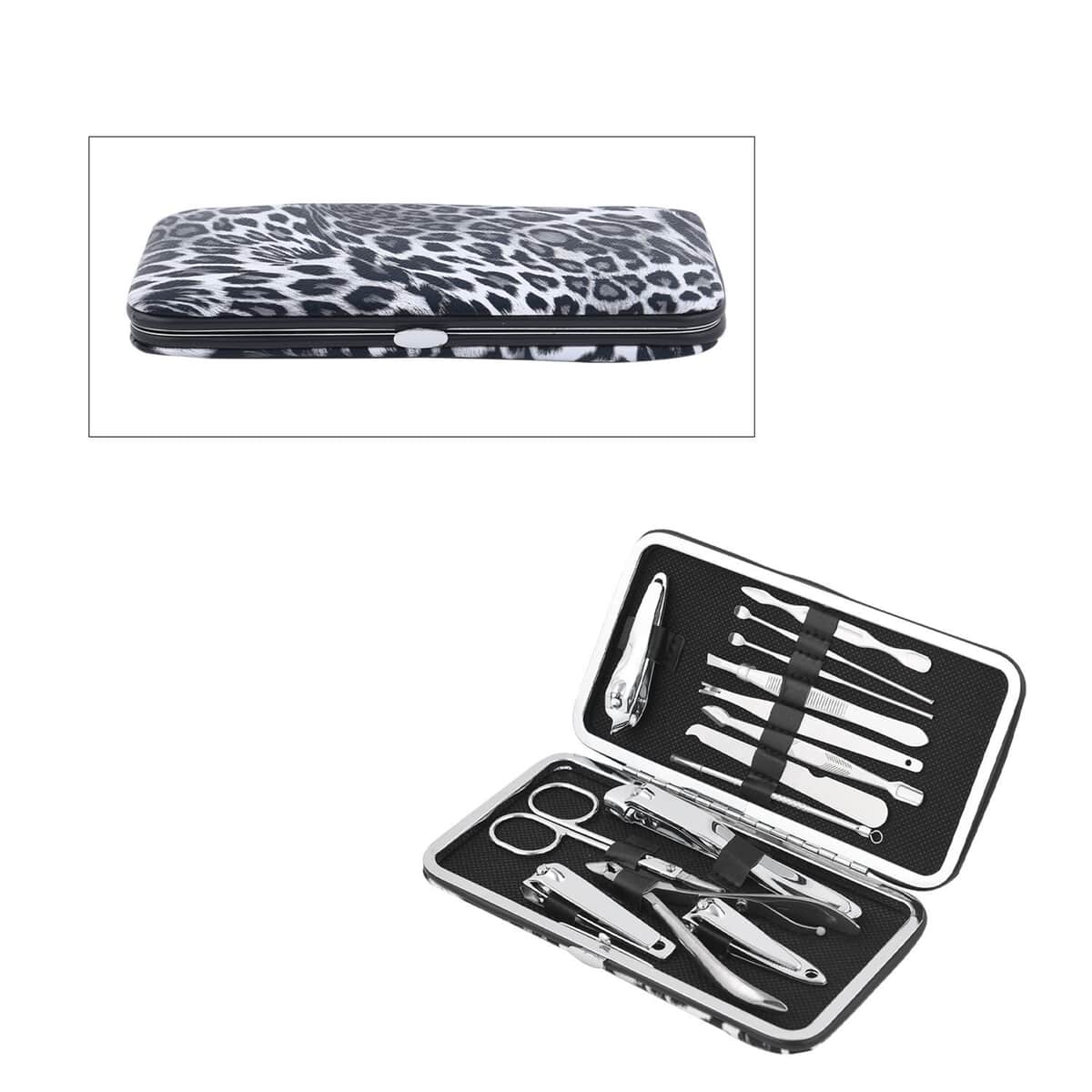 14 Piece Stainless Steel Manicure Grooming Kit in Black Leopard Print Faux Leather Case image number 0