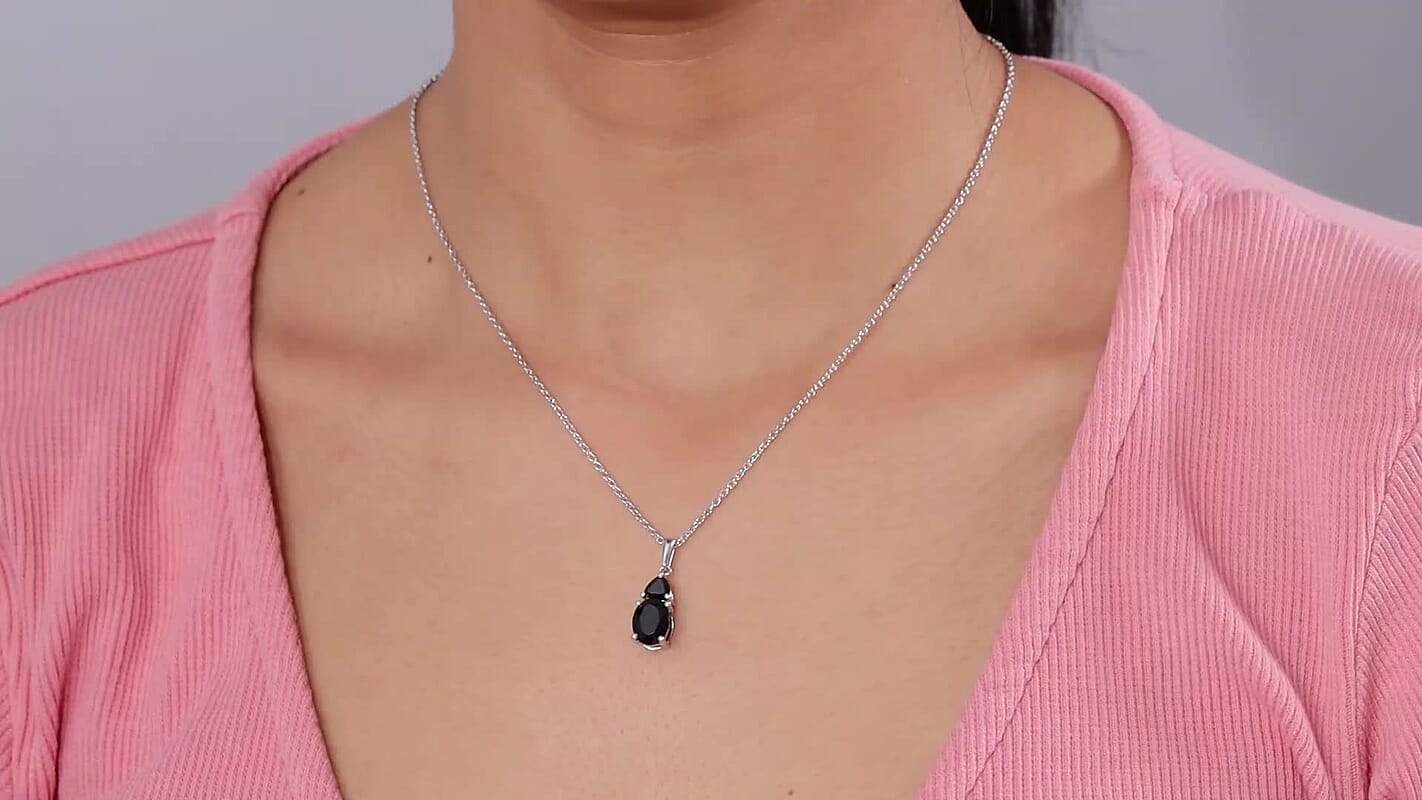 2.50 ctw Australian Black Tourmaline and Natural Thai Black Spinel Pendant Necklace 20 Inches in Platinum Over Sterling Silver