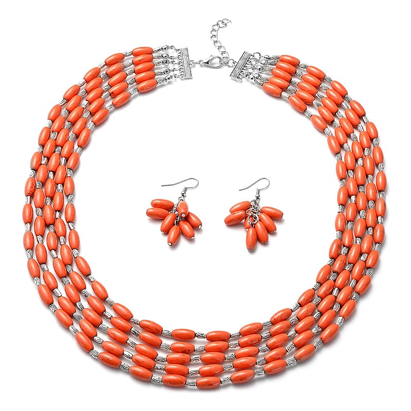 Constituted Orange Howlite 765.50 ctw Earrings and Drape Necklace 20 Inches in Black Oxidized Silvertone and Stainless Steel