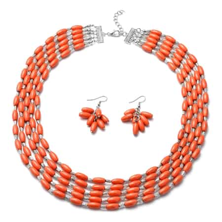 Orange Howlite Earrings and Drape Necklace 20 Inches in Black Oxidized Silvertone and Stainless Steel 765.50 ctw image number 0